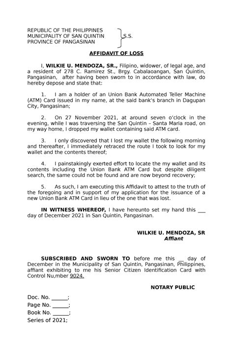 Affidavit of Loss - Wilkie U. Mendoza - REPUBLIC OF THE PHILIPPINES MUNICIPALITY OF SAN QUINTIN ...