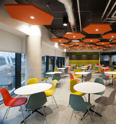 Modern office with colourful staff cafeteria | Cafeteria design, Office ...