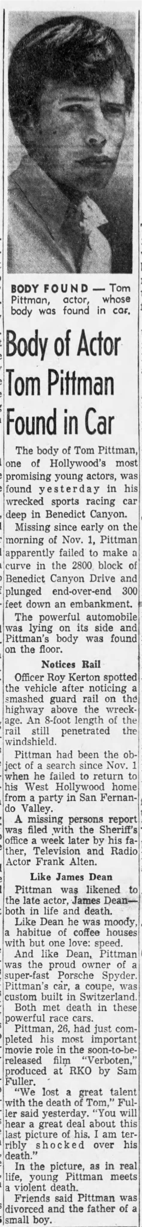 Body of Actor Tom Pittman Found in Car The Los Angeles Times 20 Nov 1958 - Newspapers.com