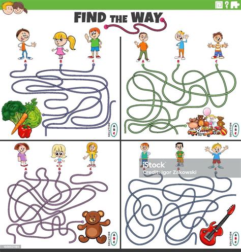 Find The Way Maze Games Set With Cartoon Children Characters Stock Illustration - Download Image ...