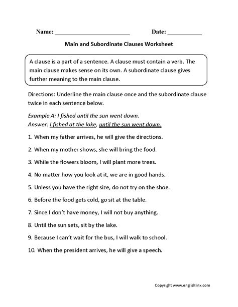 Clauses Worksheets | Main and Subordinate Clauses Worksheet