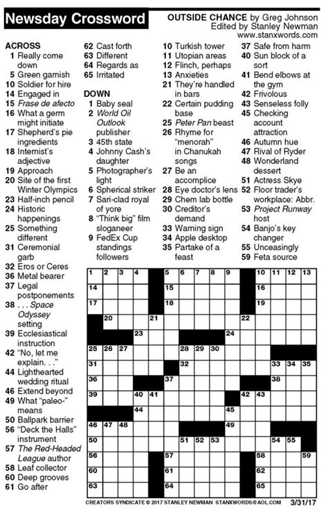 Newsday Crossword Puzzle For Mar 31, 2017,stanley Newman - Printable ...