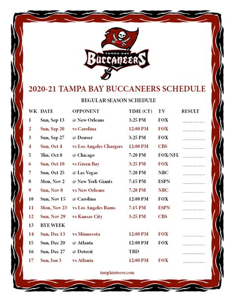 Printable 2020-2021 Tampa Bay Buccaneers Schedule