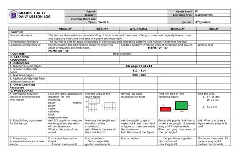 Grade 3 DLL MATH 3 Q4 Week 6 - GRADES 1 to 12 DAILY LESSON LOG School: Grade Level: III Teacher ...