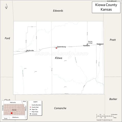 Map of Kiowa County, Kansas showing cities, highways & important places ...