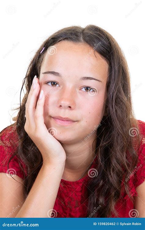 Pretty Teenage Girl Posing on White Background Hand on Chin Stock Photo - Image of attire ...