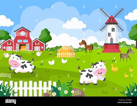 Cute Cartoon Farm Animals Vector Illustration With Cow, Horse, Chicken ...