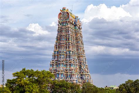 The north gopuram of the Meenakshi temple in Madurai, India. A Gopuram is a monumental gatehouse ...