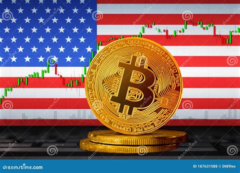 Bitcoin USA; Bitcoin BTC Coin on the Background of the Flag of United ...