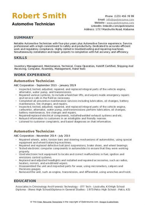 Automotive Technician Resume Samples | QwikResume