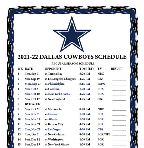 Dallas Cowboys 2021 To 2022 Schedule