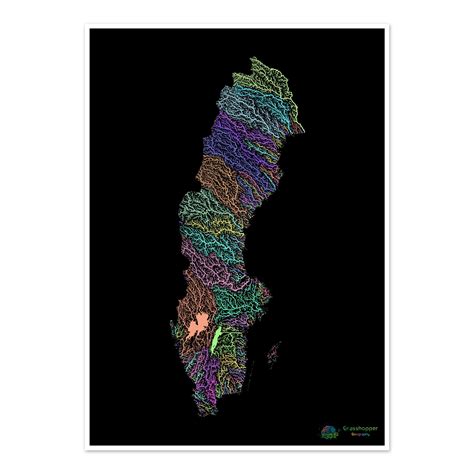 Sweden - River basin map, pastel on black - Fine Art Print – Grasshopper Geography