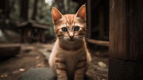 Seekor Anak Kucing Oranye Sedang Duduk Di Dekat Jalan Setapak Di Hutan, Seekor Anak Kucing ...