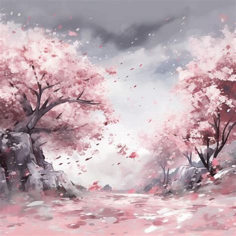 Premium Photo | A painting of a forest with cherry blossom on it.