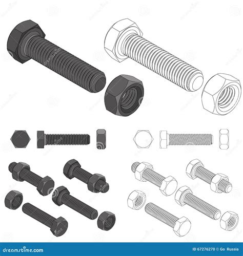 Bolt and Nut Set All View Isometric Stock Vector - Illustration of ...