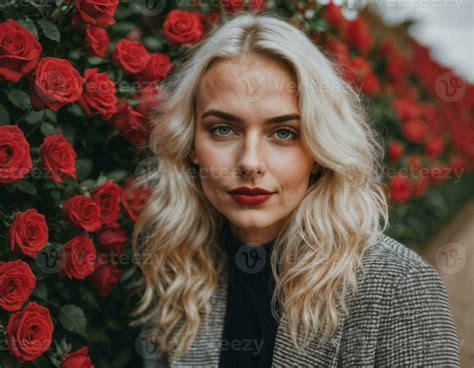 photo of beautiful woman in blonde hair color with red rose background ...