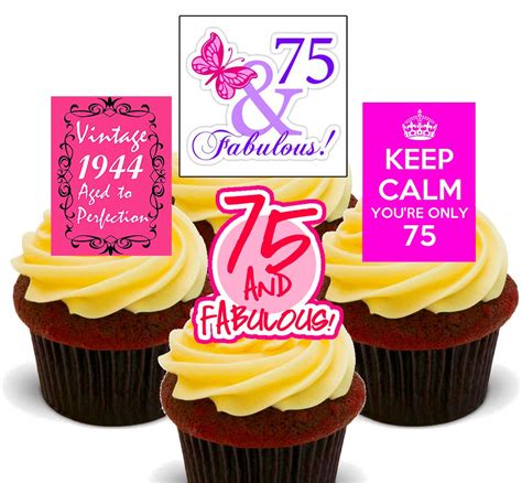 Buy Made4You 75th Birthday Female - Edible Cupcake Toppers - Stand-up Wafer Cake Decorations ...