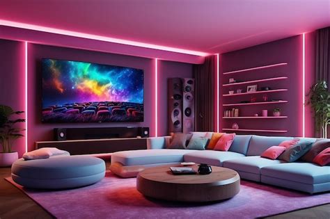 Premium Photo | Home cinema living room with colored LED lighting Smart home