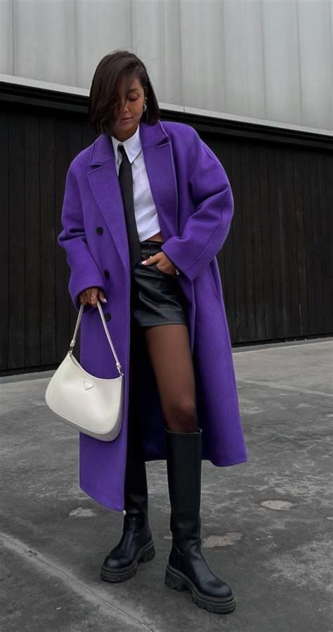 outfit ideas Violet Dress Outfit, Purple Coat Outfit, Purple Shirt Outfits, Fall Dress Outfit ...