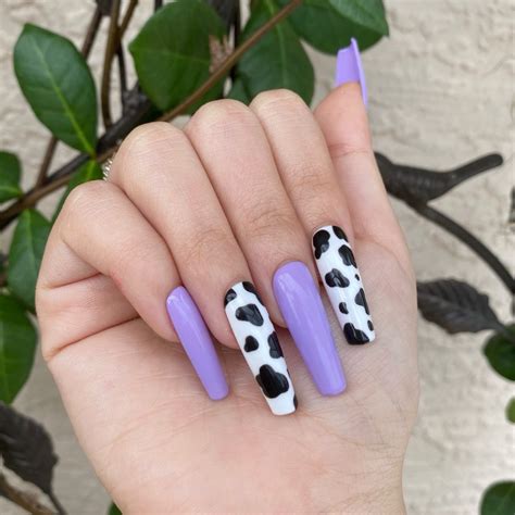 Nails | press ons | press on nails | lilac | purple | light purple | cow print | animal print ...