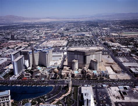 Aerial view of Las Vegas, Nevada, with a focus on Las Vegas Strip casinos, including the Paris ...