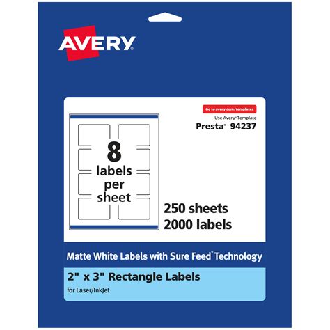 Avery Matte White Rectangle Labels with Sure Feed, 2" x 3", 2,000 Matte White Printable Labels ...