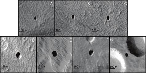 Seven cave candidates around Tharsis Montes on Mars (A~G). Using ...