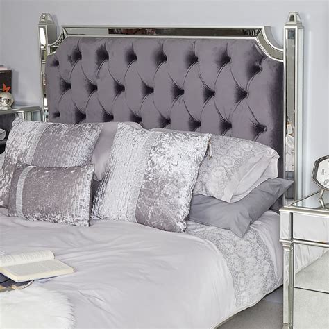 King Size Bed With Silver Mirrored Frame & Velvet Headboard