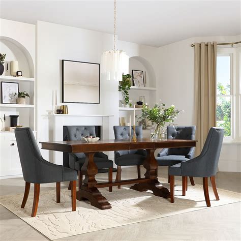 Cavendish Dark Wood Extending Dining Table with 6 Duke Slate Fabric ...