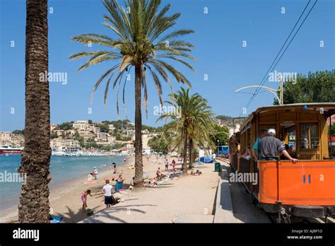 Tram on the seafront at Port de Soller (Puerto Soller), West Coast ...