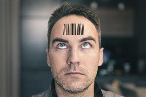 Man with QR Code on Forehead on Background of Fluorescent Chip, Front View Portrait Stock Photo ...