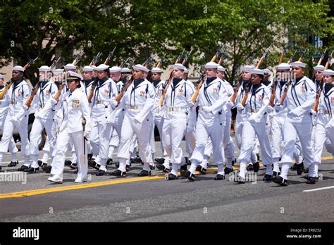 US Navy ceremonial guard drill team marching in Memorial Day parade Stock Photo, Royalty Free ...