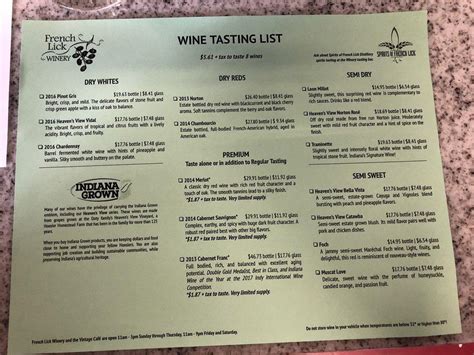 Menu at French Lick Winery restaurant, West Baden Springs