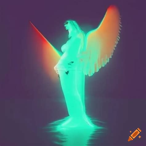 Double exposure of angel statue and neon green writing on Craiyon