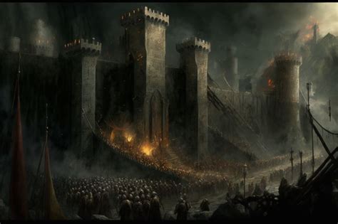 a painting of a castle surrounded by people in the middle of a dark ...