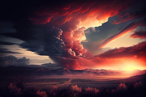 Premium AI Image | Dramatic sunset with clouds over valley after earthquake