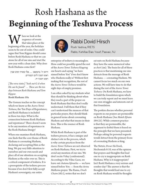 Beginning of The Teshuva Process: Rosh Hashana As The | PDF | Ten Days Of Repentance | Rosh Hashanah