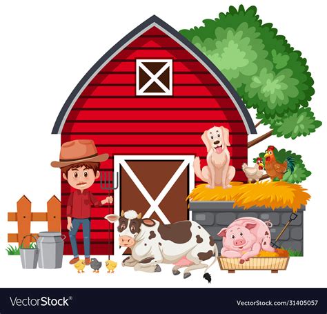 Scene with farmer and farm animals red barn Vector Image