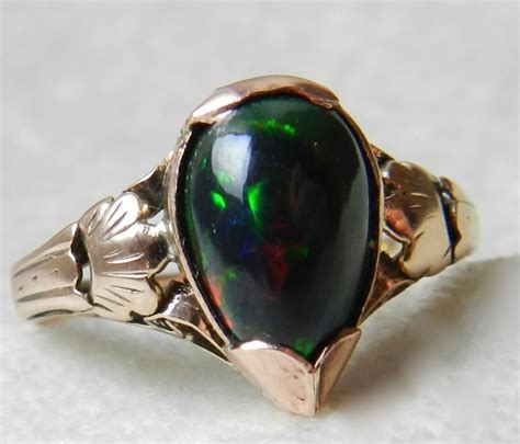 Antique Black Opal Ring Victorian Opal Engagement Ring 18K Rose Gold October Birthday Libra ...