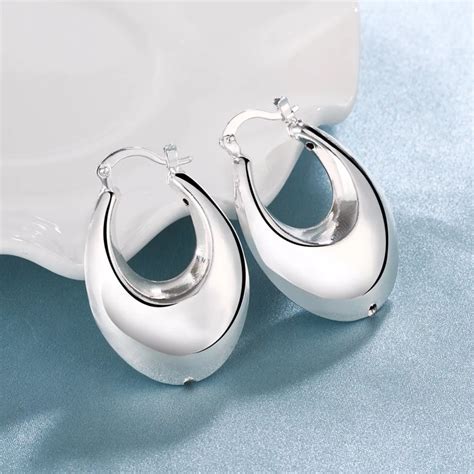 Silver 925 Jewelry smooth egg shape Earring Thick Casual Simple Round Small Silver Plated Hoop ...