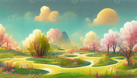 Cartoon spring landscape. Art illustration, 3d vector background, Detailed, colored. 22851184 ...