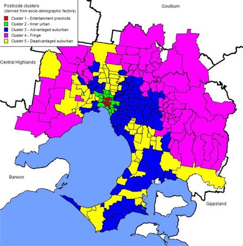 Melbourne postcode clusters based on similar socio-demographic profiles | Download Scientific ...