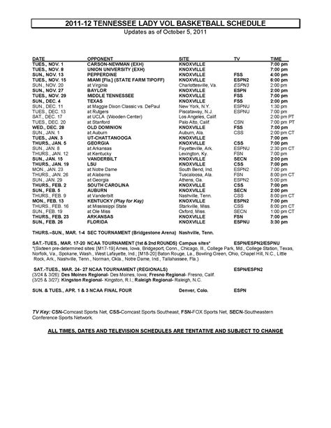 Lady Vols Basketball Schedule Printable - Printable Schedule