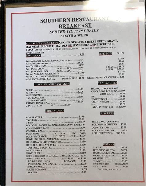 Menu at Southern Restaurant, Lakesite, Hixson Pike