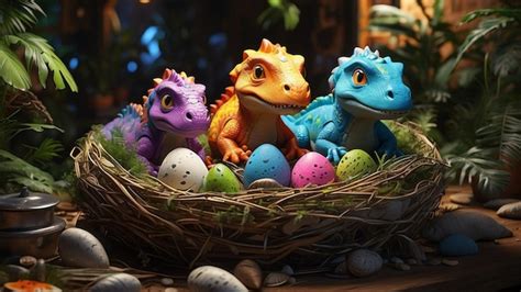 Premium Photo | Baby dinosaur in the nest and the eggs