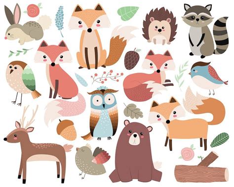 Woodland Forest Animals Clip Art - 26 300 DPI Vector, PNG, & JPG Files - Cute Animal Clip Art ...