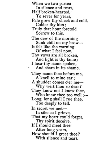 "When We Two Parted in Silence and Tears," Lord Byron | Byron poetry, Byron quotes, Lord byron