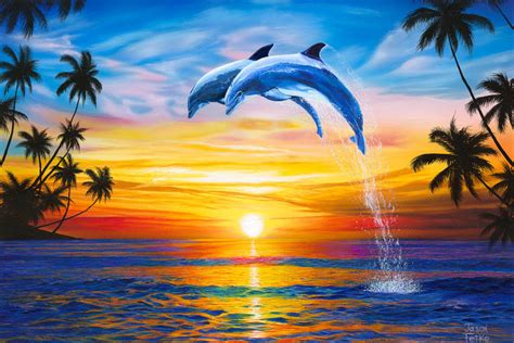 Dolphin Sunset Art Print, Dolphins Art, Ocean Palm... – Jason Fetko