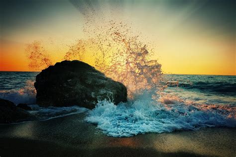 beach, Beach, Stone, Beautiful, Bubbles, Landscape, Rock, Scenery, Sea, Splash, Stone, Sunset ...