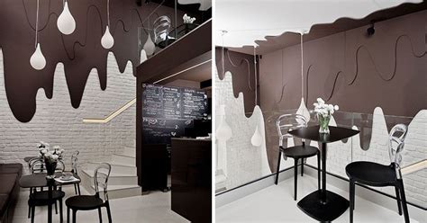 This modern chocolate shop and cafe design with two levels, has walls ...